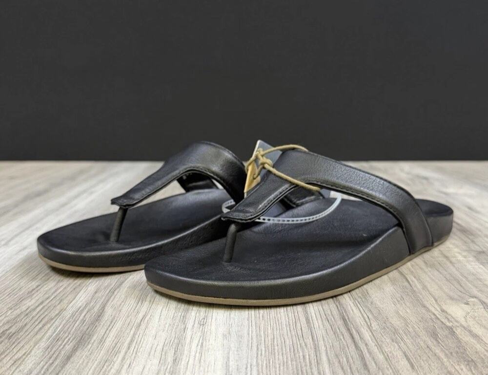 OluKai Kipe'a Lipi Leather Flip Flop Sandals Black 20502-4040 Women's Size 9 NEW